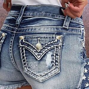 Flamingo Star & Striped Embroidered Ripped Raw Hem Denim Shorts